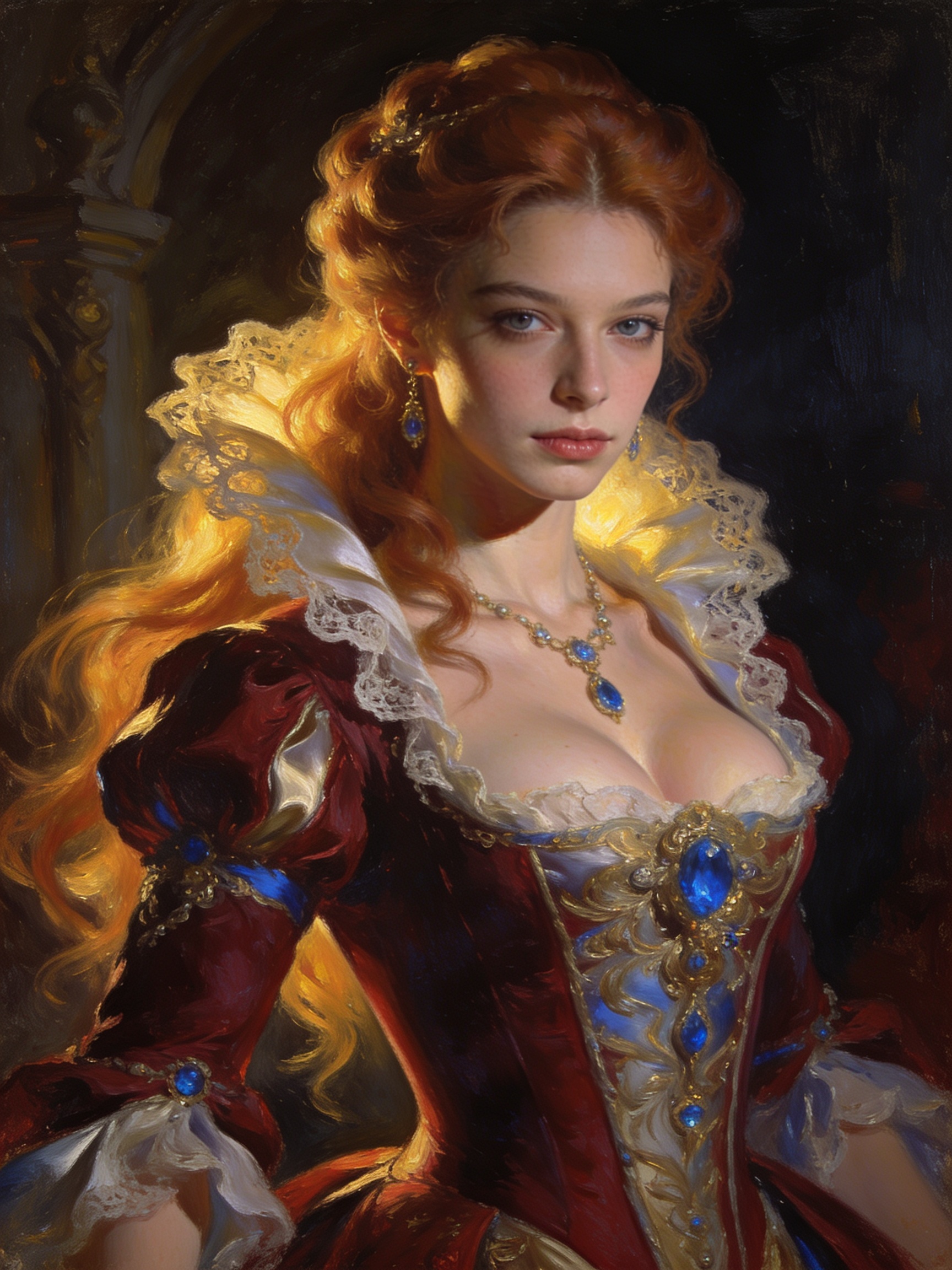 portrait half body female French concubine with slim curvy body painting by gast
