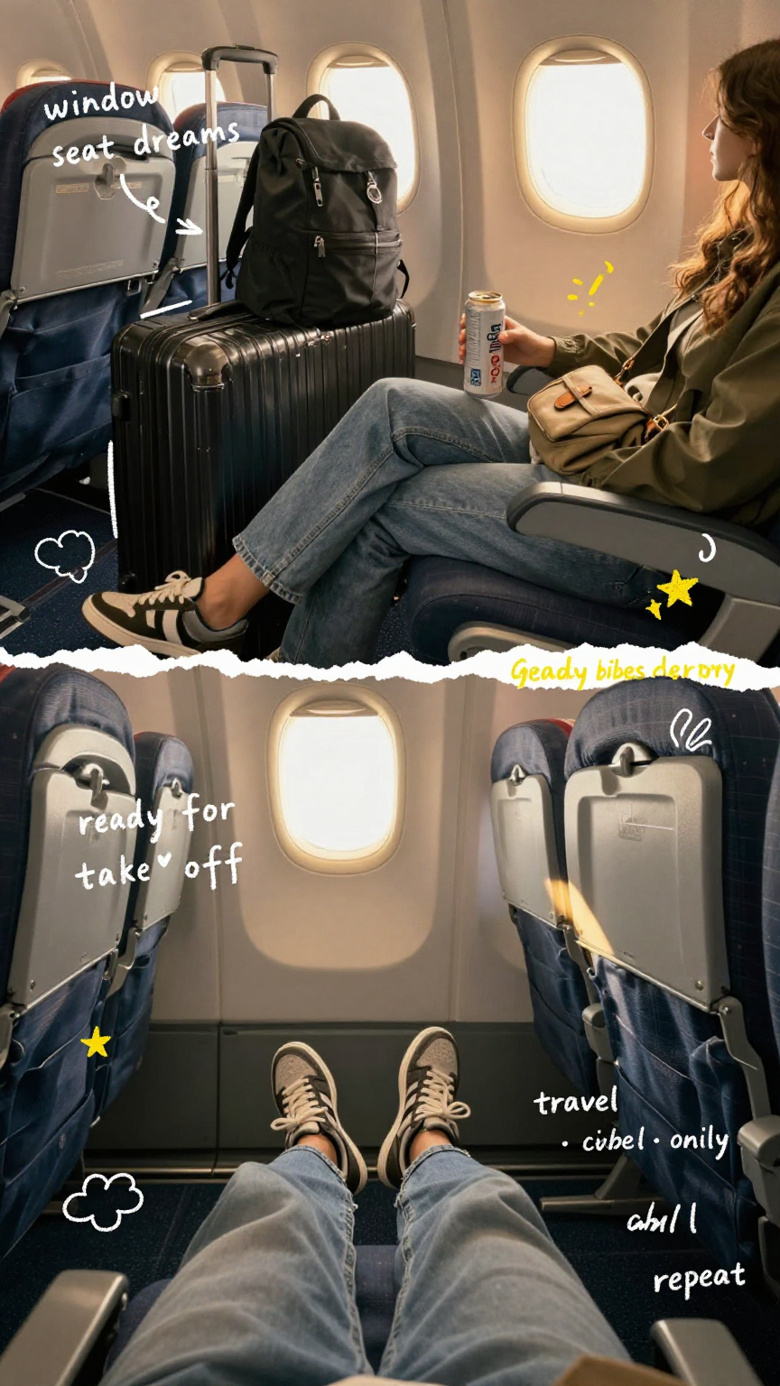 POV travel photography of a person sitting at an airport and inside an airplane,