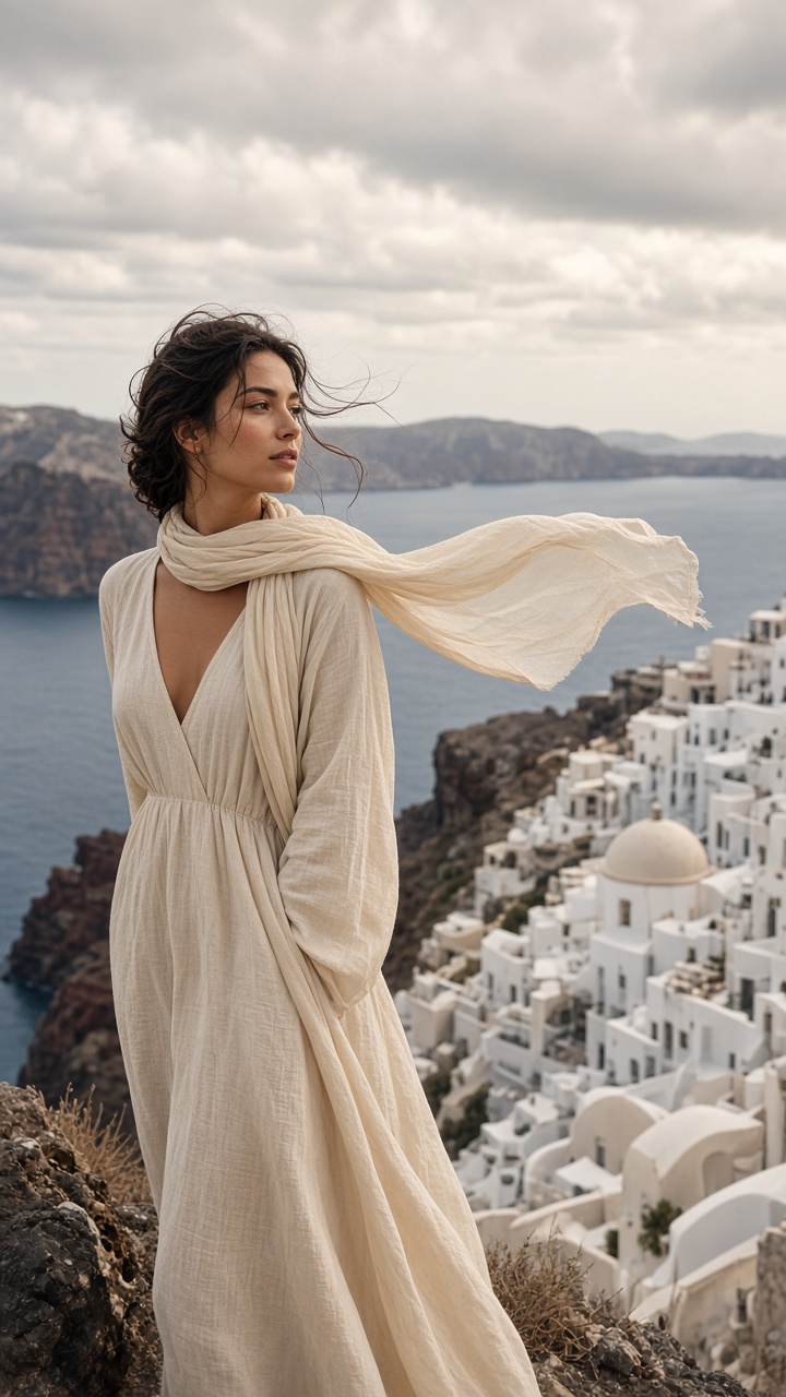 { "prompt": "Cinematic portrait of a young woman standing on a cliff overlooking