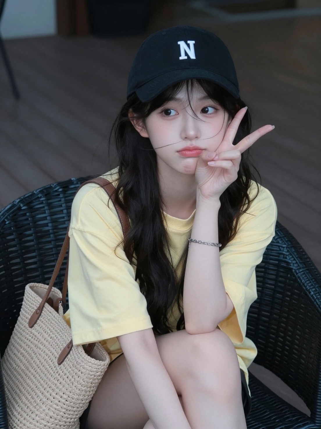 Real photography, Asian young beauty, airy wavy long hair over shoulders, black