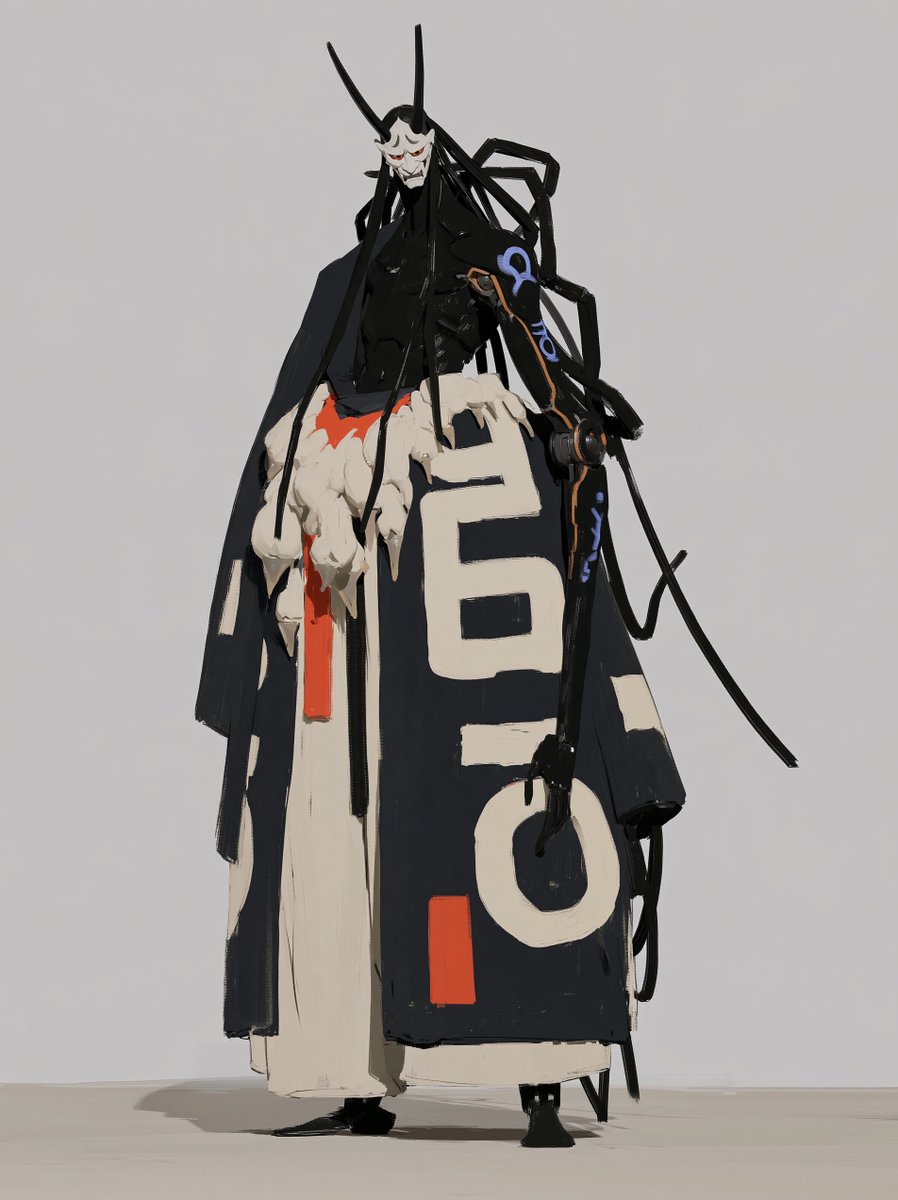 Samurai Mecha wearing holographic oni mask, holographic runes, opulent robes, on