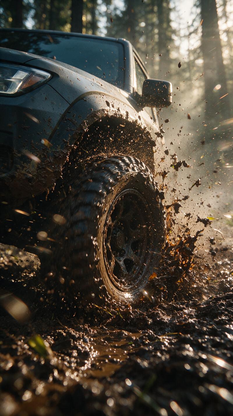 Shot: Hyper-realistic, low Dutch angle action shot focusing on an SUV's front wh