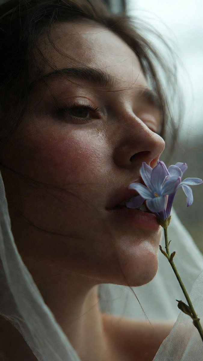 Soft close-up of a woman with eyes half-closed, a single pale lilac flower resti