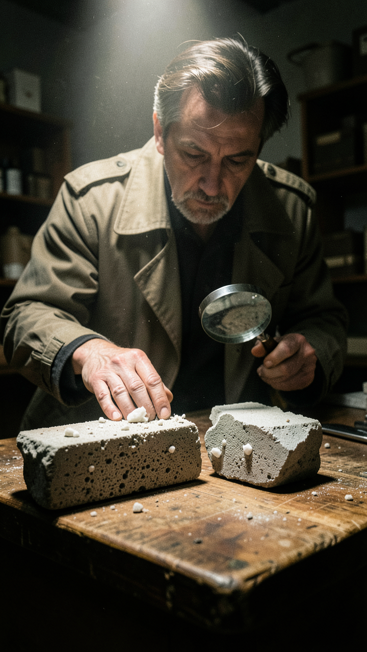 Subject & Action
A cinematic detective scene set in a dimly lit, dust-mote-fille