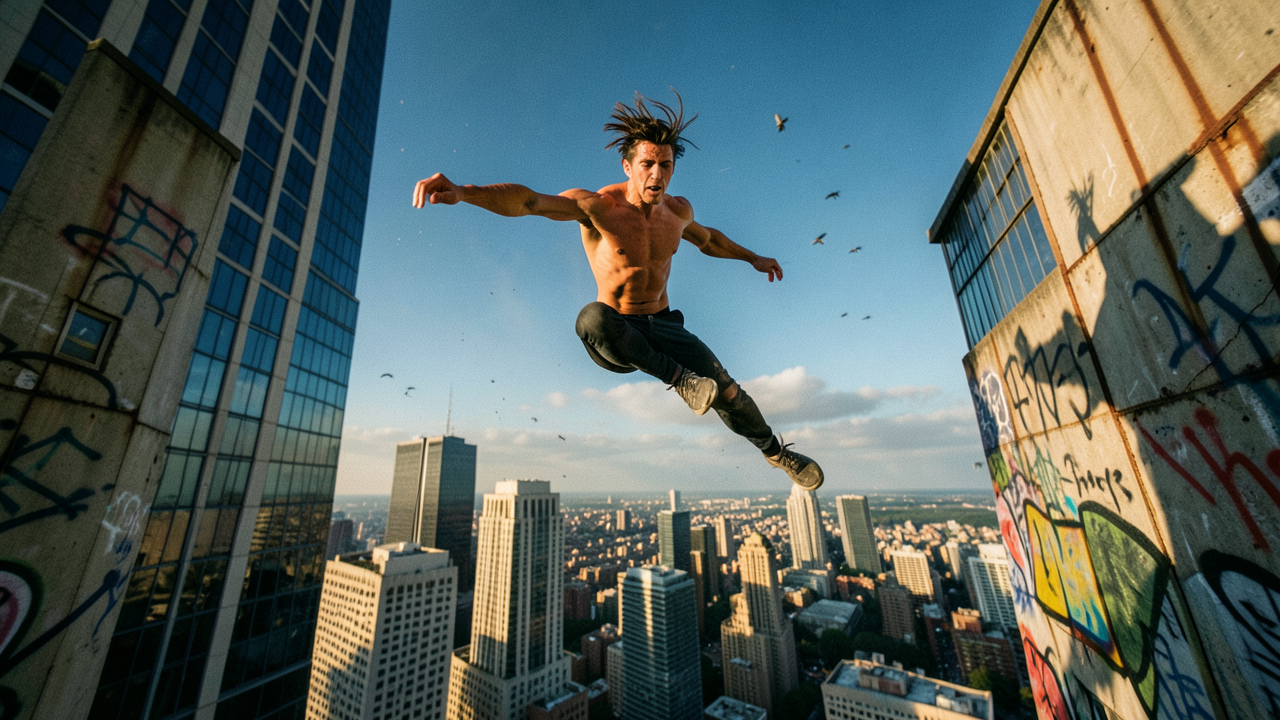 Subject & Action
A professional parkour athlete captured at the apex of a gravit
