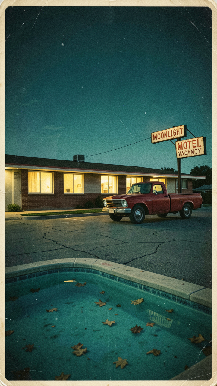 Subject & Action
An isolated roadside motel at twilight, three rooms glowing wit