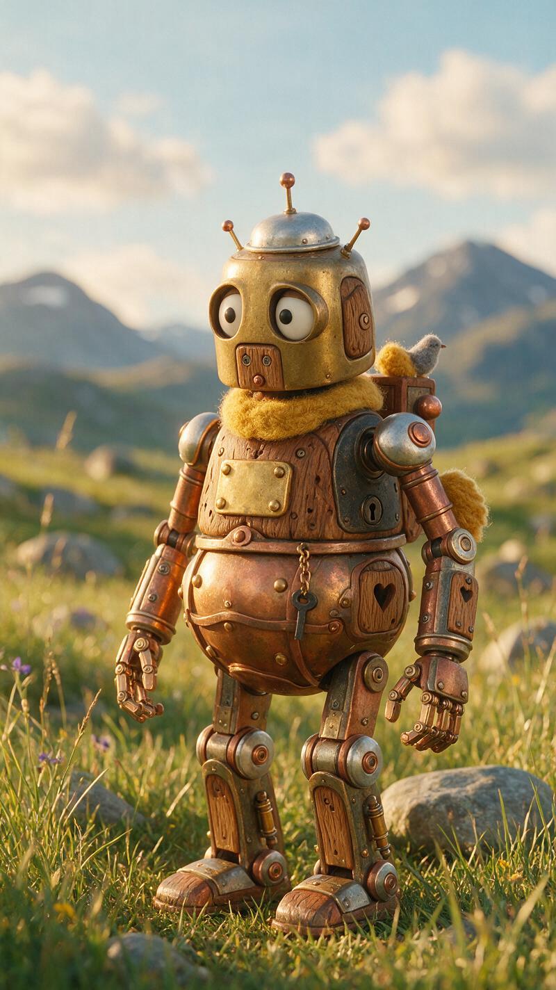 Subject and Action
A charming handmade stop-motion puppet robot inspired by the