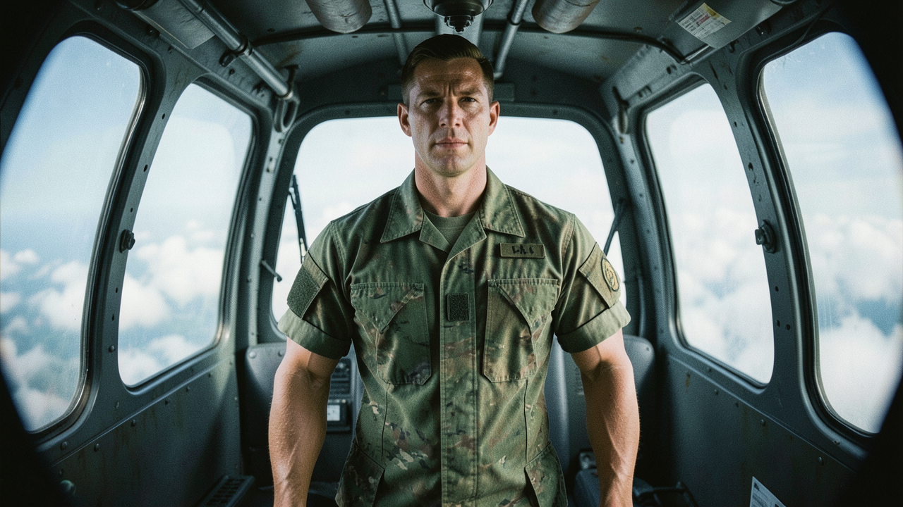 Subject and action
A male soldier with clear muscles and strong physique stood s