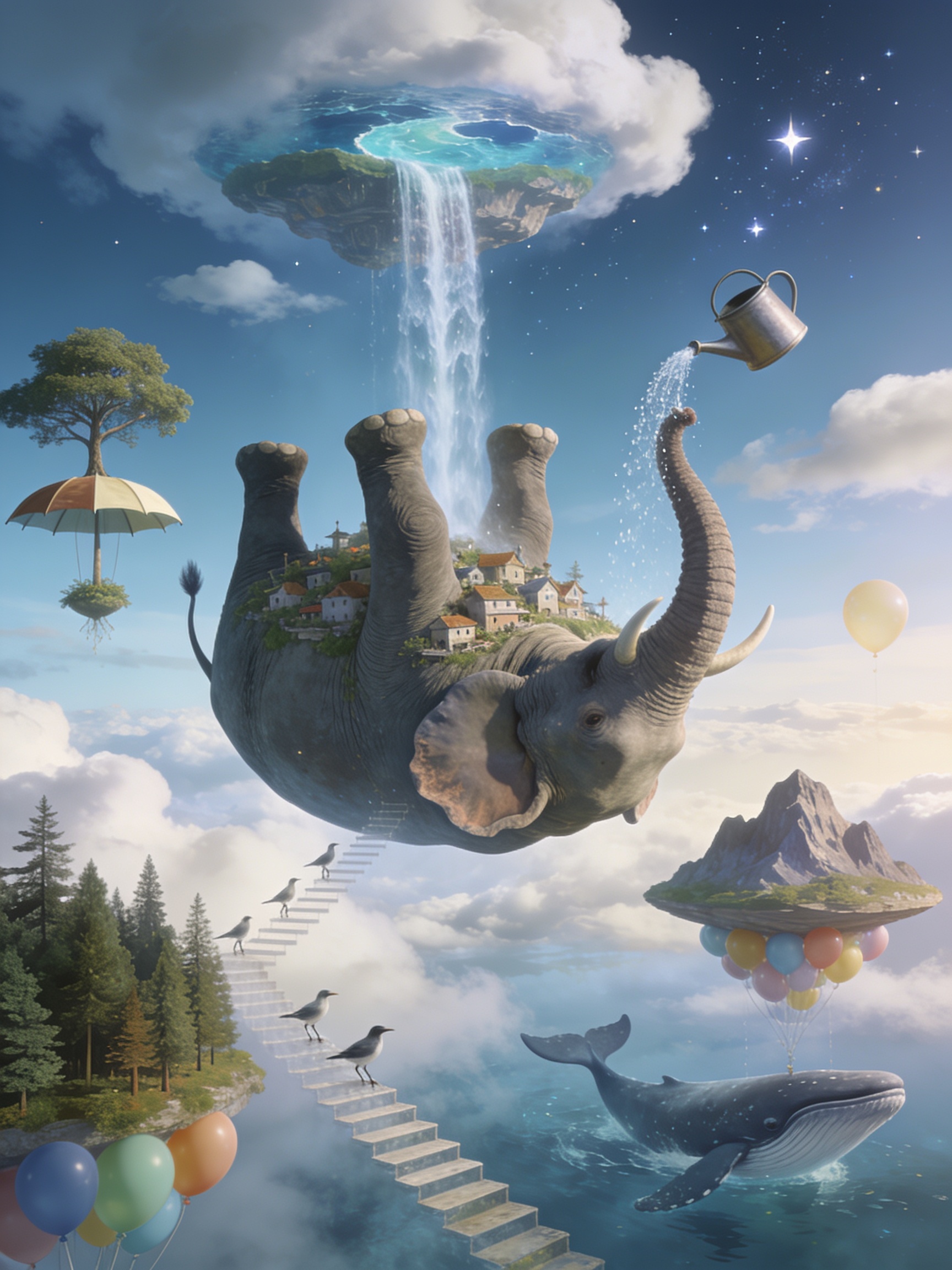The Elephant That Forgot Gravity An enormous elephant calmly floats upside down
