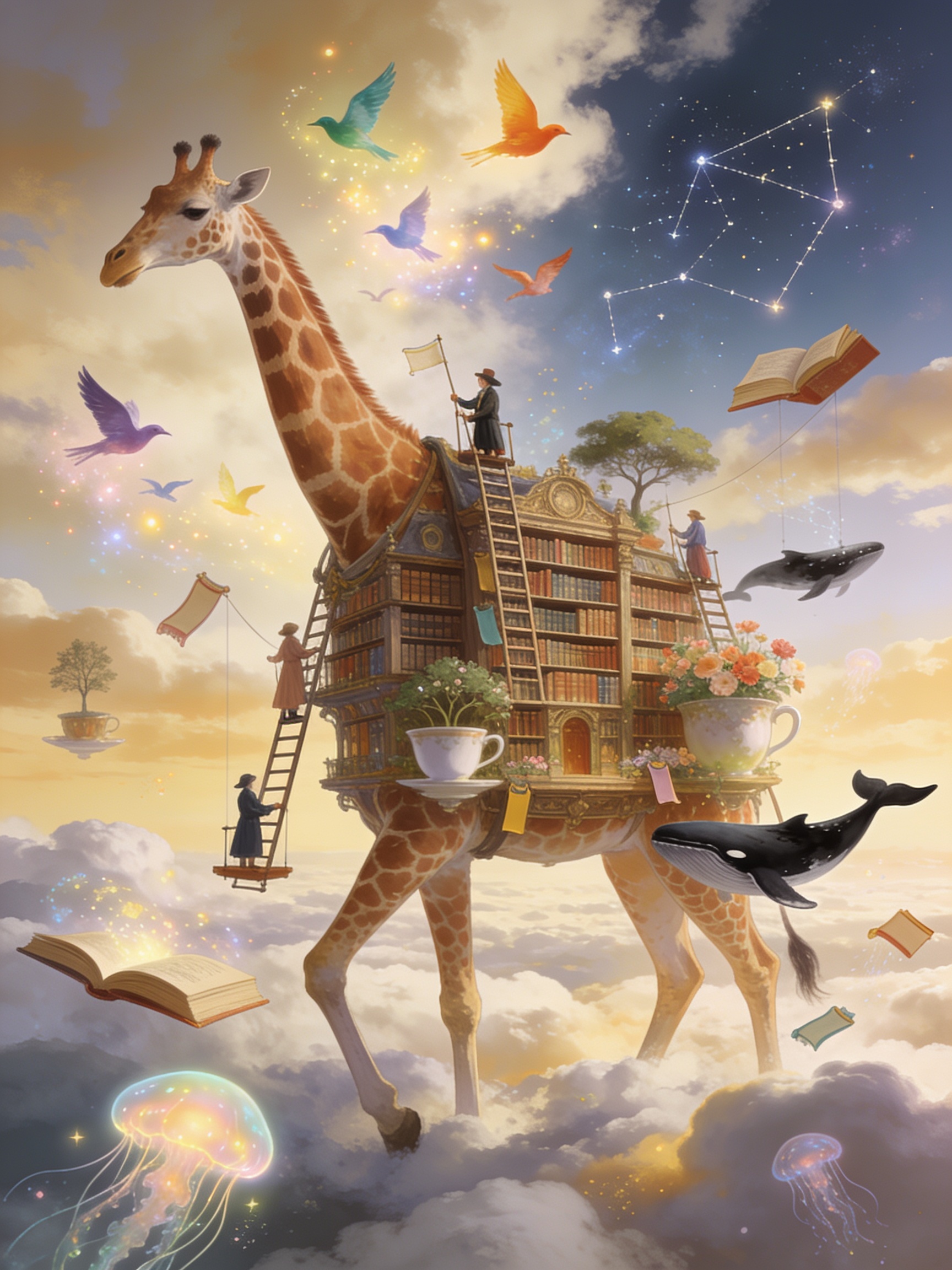 The Library Growing on a Giraffe A giant giraffe quietly walks across endless cl