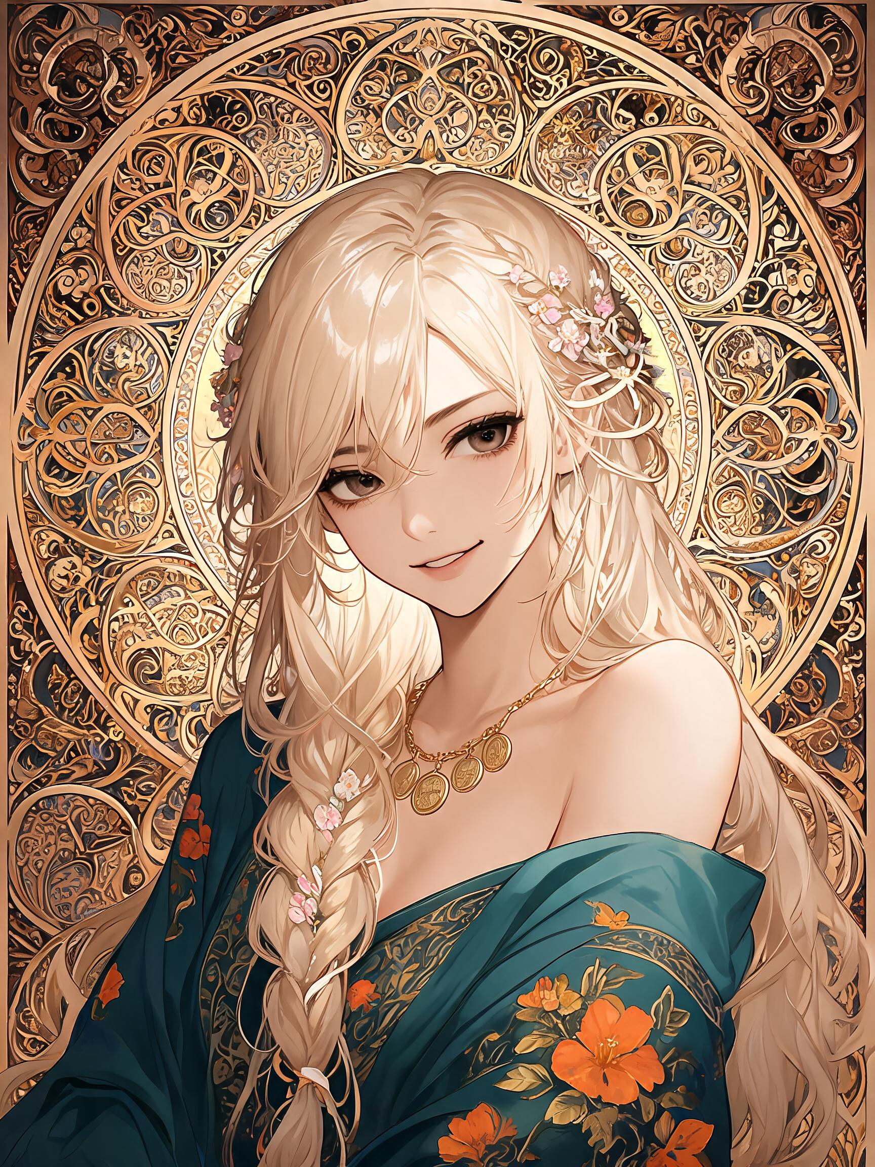 The visual style resembles a classical digital painting influenced by Art Nouvea