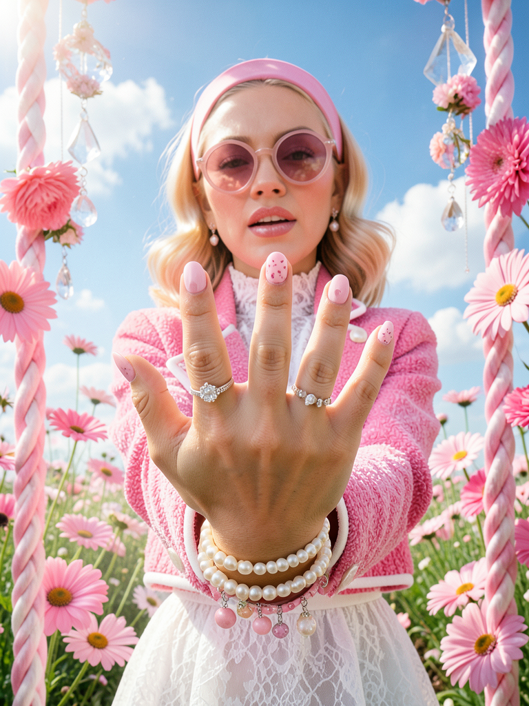Ultra-photorealistic high-fashion editorial photograph in a dreamy pink Barbieco