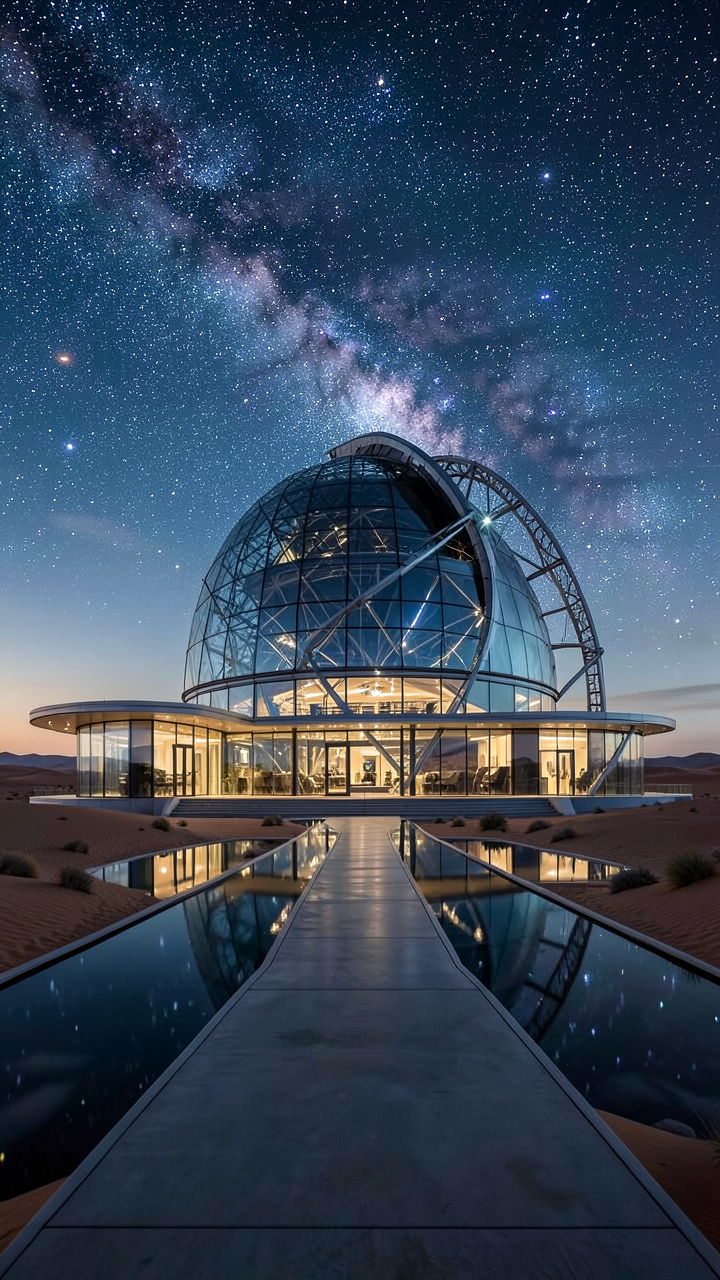 Ultra realistic luxury astronomical observatory in the middle of a desert. Moder