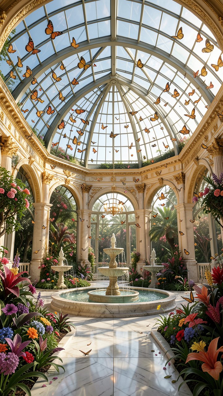 Ultra realistic luxury butterfly conservatory inside a magnificent glass dome. T