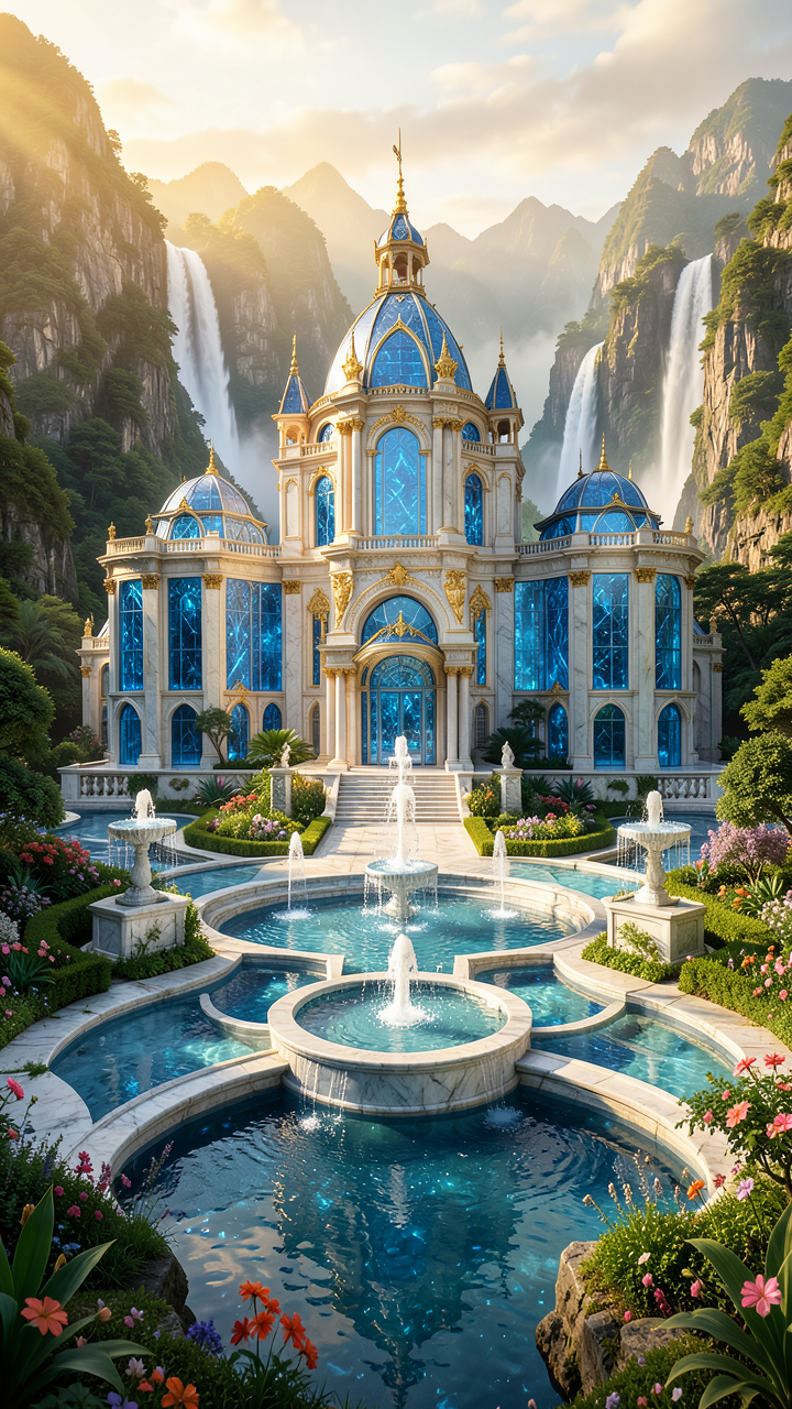 Ultra realistic royal sapphire palace surrounded by mountains and waterfalls. Gr