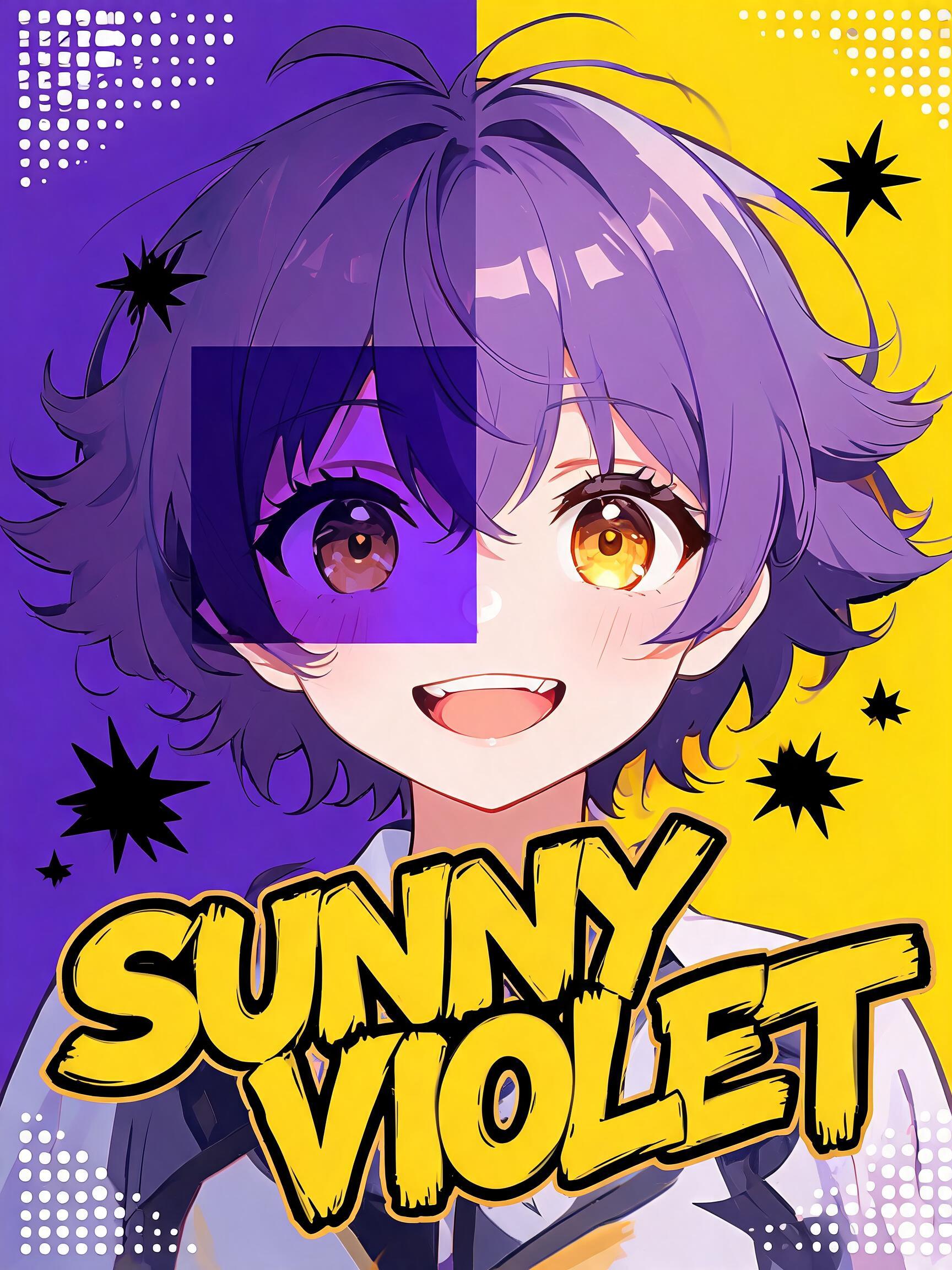 Violet & Sunflower YellowCheerful anime girl with short bouncy violet hair and g