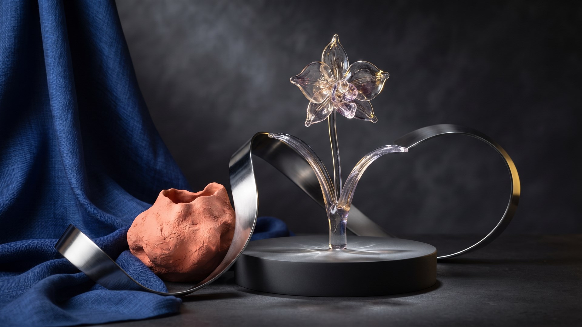 CinePixel-generated editorial still life with a glass orchid, chrome ribbon, cobalt fabric, and coral ceramic form